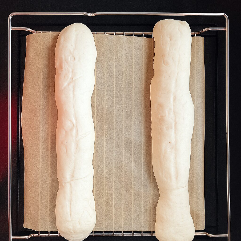 Imagen de dos baguettes rústicas tras reposar 50 minutos justo antes de ser horneadas.