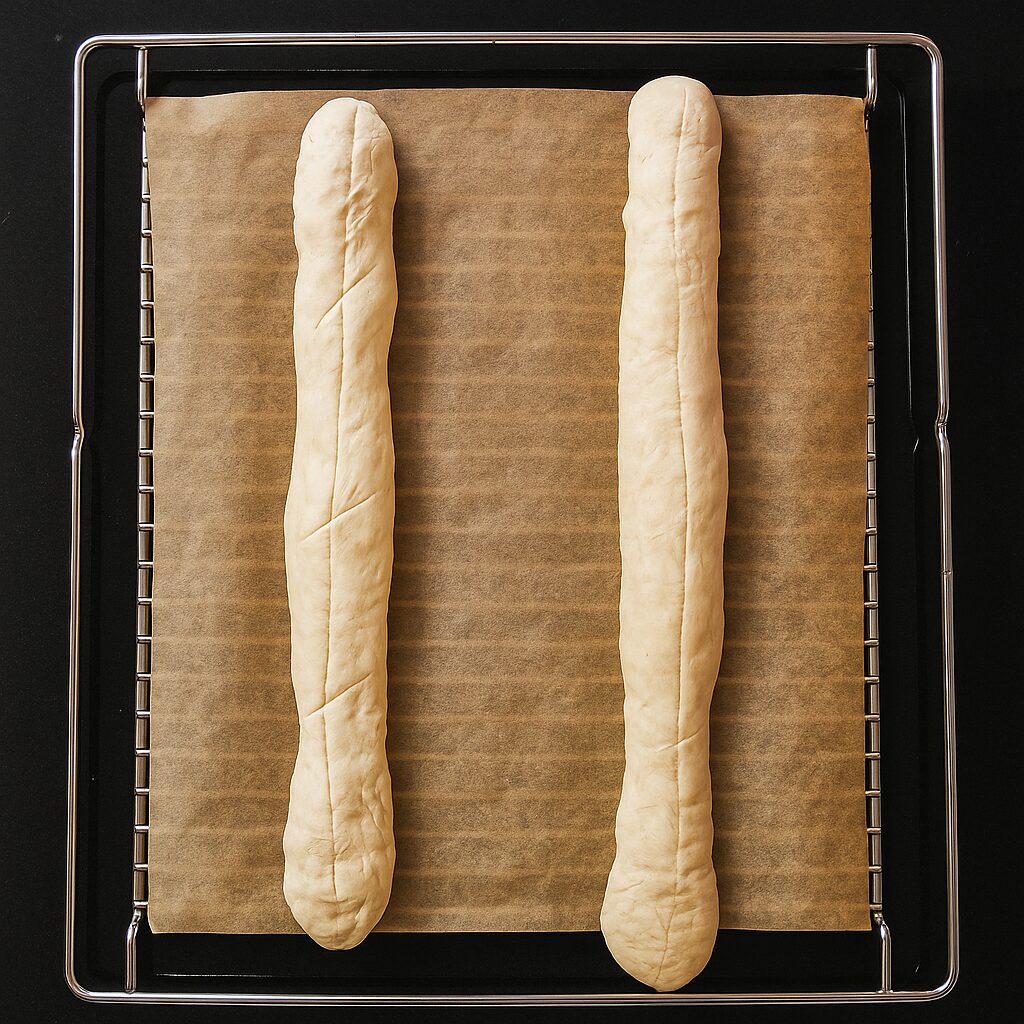 Dos barras de pan rústico recién formadas antes de levar.