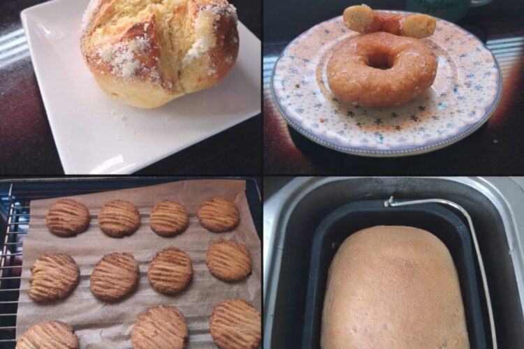 Collage de recetas caseras hechas con la panificadora Lidl: bollo suizo, donuts, galletas de mantequilla, pan y focaccia. Todas estas recetas son susceptibles de guardar y organizar en un cuaderno digital de recetas.