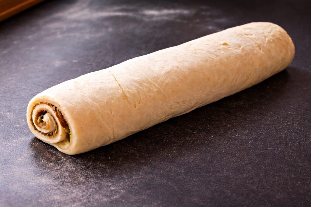 Masa de pistacho y cacao enrollada sobre la encimera, lista para cortar en porciones.