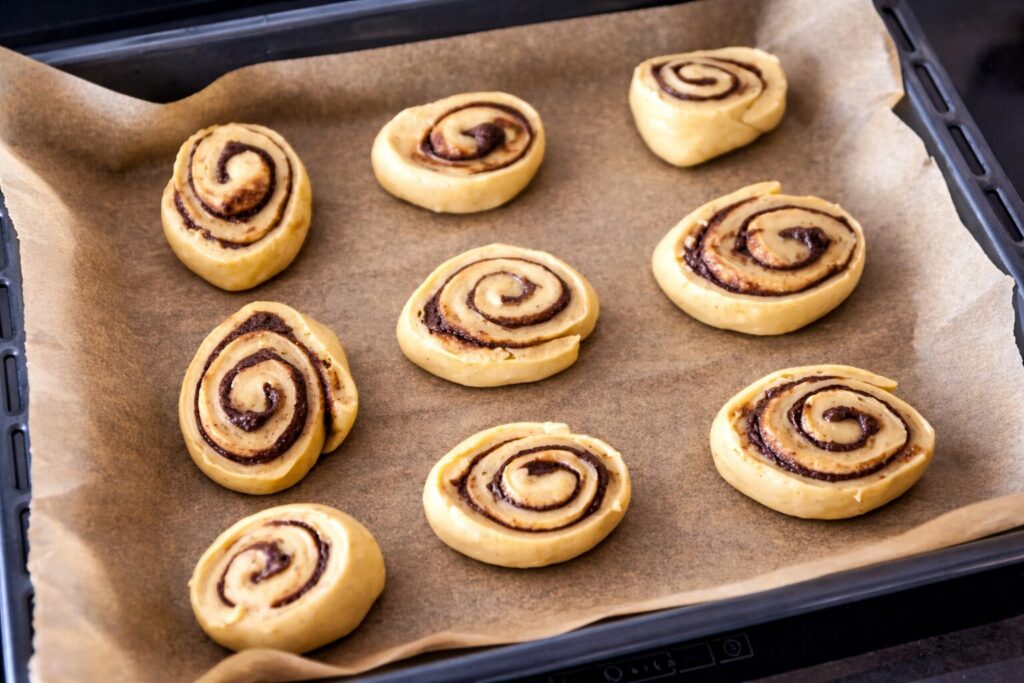 Rollos crudos sobre bandeja con papel de horno, listos para hornear.
